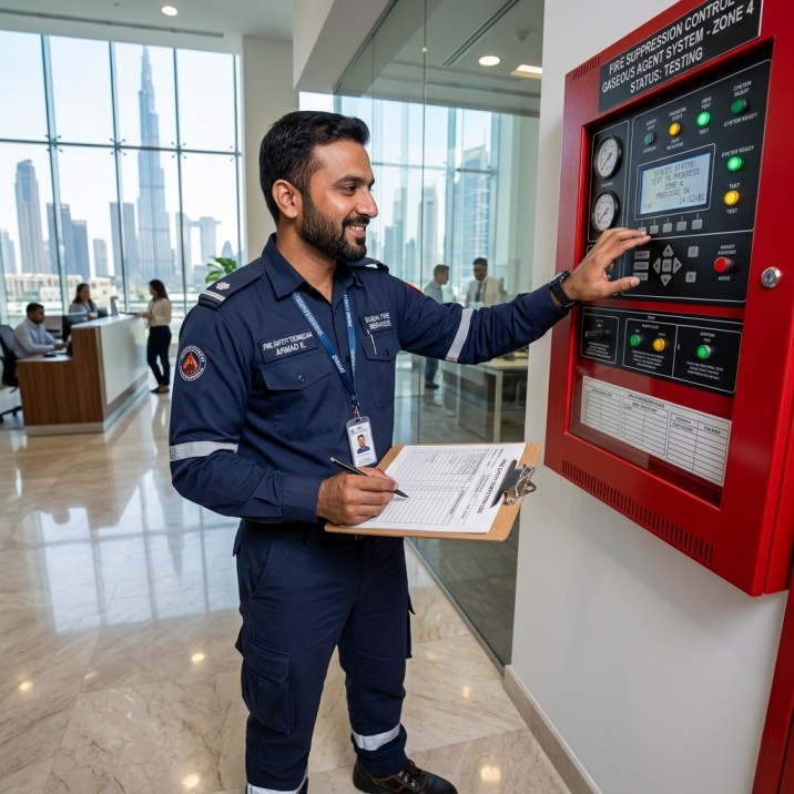 A fire safety technician in uniform inspecting and testing a fire suppression system panel with a clipboard. Professional, friendly, competent appearance. Dubai office building background.
