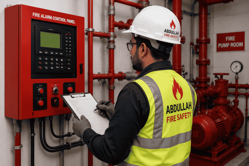 Certified fire safety engineer inspecting a fire protection system during a Fire Fighting Annual Maintenance Contract (AMC) service in Dubai