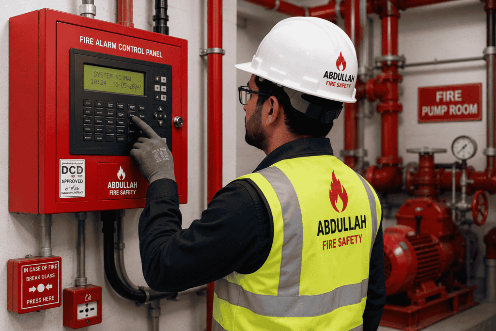 DCD approved fire safety engineer inspecting a fire alarm control panel during annual fire fighting AMC maintenance in Dubai