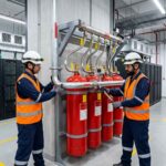 Engineers installing fire suppression