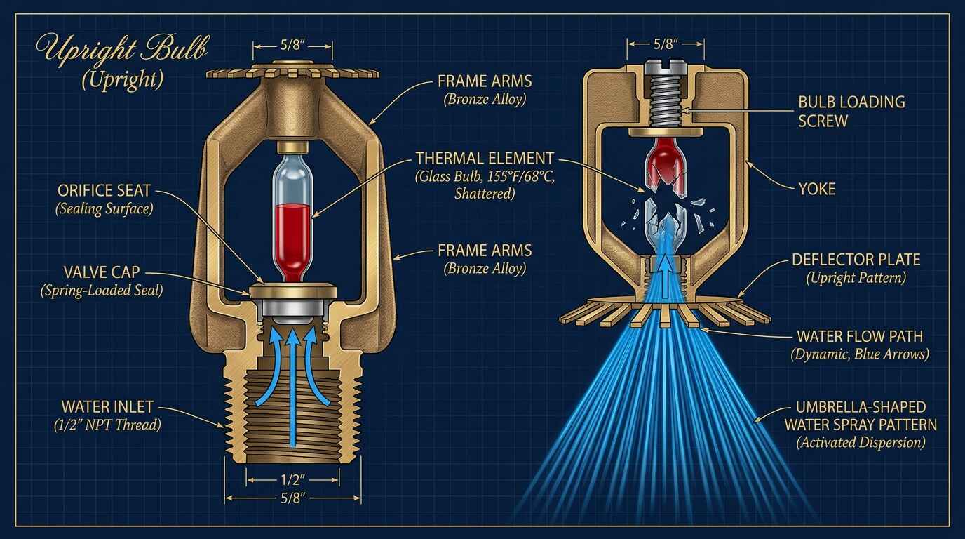 Technical cross-section diagram of a fire sprinkler head showing glass bulb, deflector and water spray pattern.