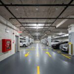 Fire sprinkler system installed in an underground parking garage.