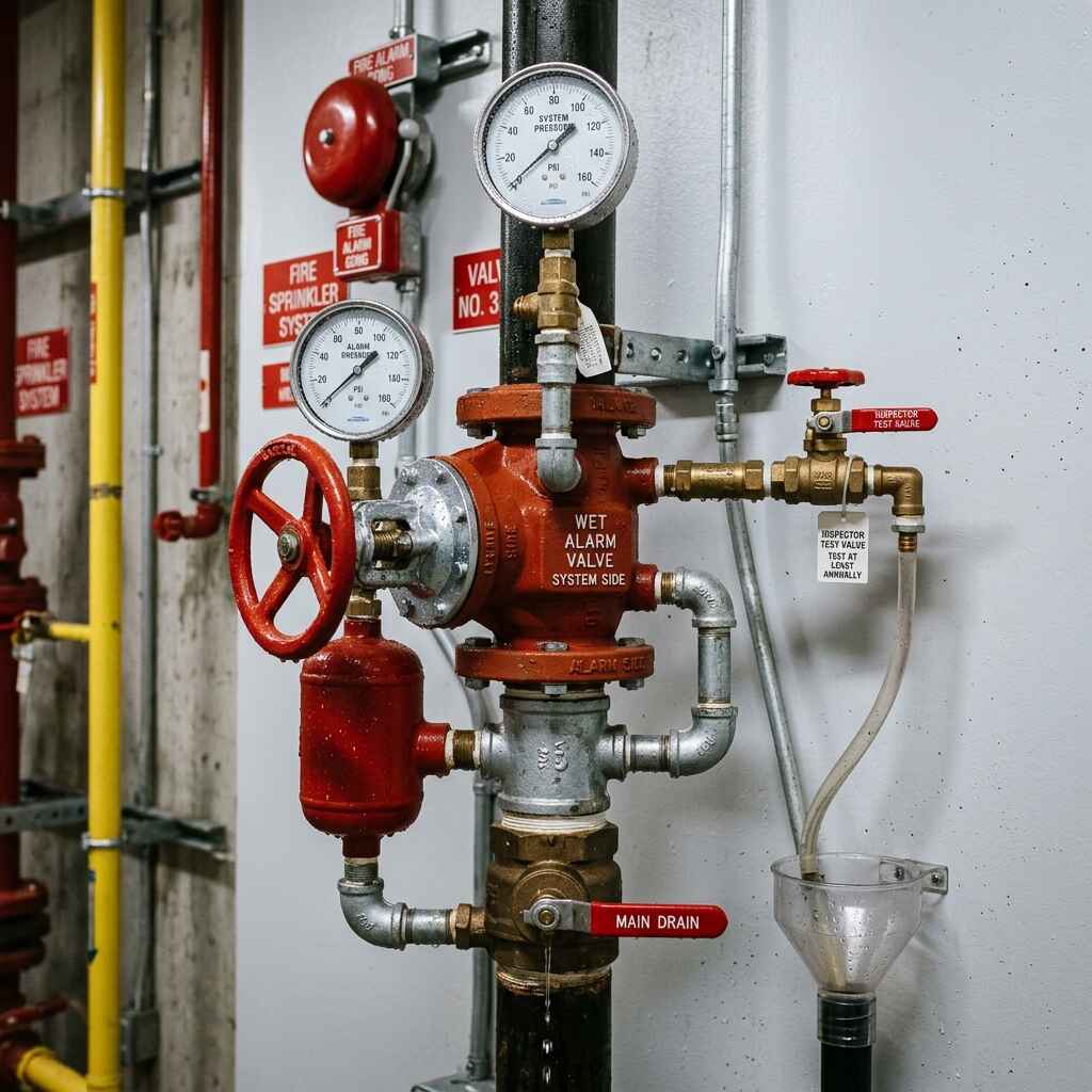 Wet alarm valve station