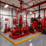 Fire hydrant riser and hose reel system installed in an underground parking facility in Dubai