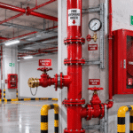 Fire hydrant system pipework and fire protection equipment in a Dubai commercial building