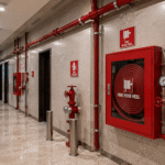 Industrial facility with professionally installed red fire hydrant and fire protection piping