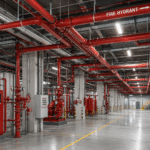 Fire hose reel and red fire hydrant piping installed in a modern commercial building