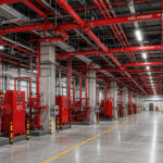Fire hydrant system installation in a Dubai warehouse with red fire protection pipework