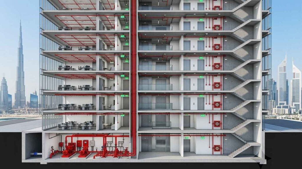 Complete fire protection system installed in a Dubai commercial building